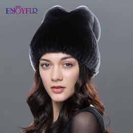 Vrouwen Natuurlijke Rex Rabbit Hat Bow Design Fashion Beanies Caps Gloednieuwe Russische winterbonthoeden Y200102 S