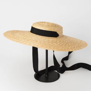 Vrouwen natuurlijke tarwe stro hoed lint stropdas 15 cm rand schipper hoed Kentucky Derby strand zon hoed cap dame zomer brede rand uv beschermen hoeden vakantie