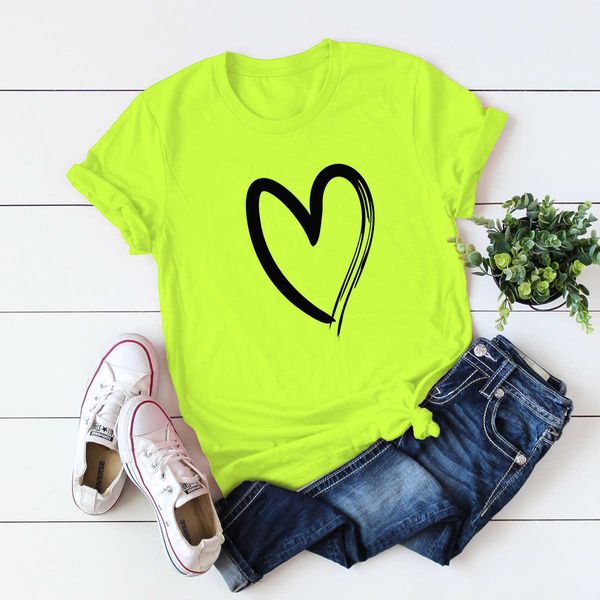 Camiseta verde neón para mujer, camisetas de manga corta sencillas y cómodas con estampado de corazón para mujer, camisetas casuales de algodón de talla grande con cuello redondo X0628