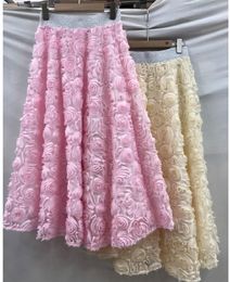 Femmes Nouveau design Fashion Français Taille élastique Sweet Rose Rose Flower Gauze Robe Longue jupe