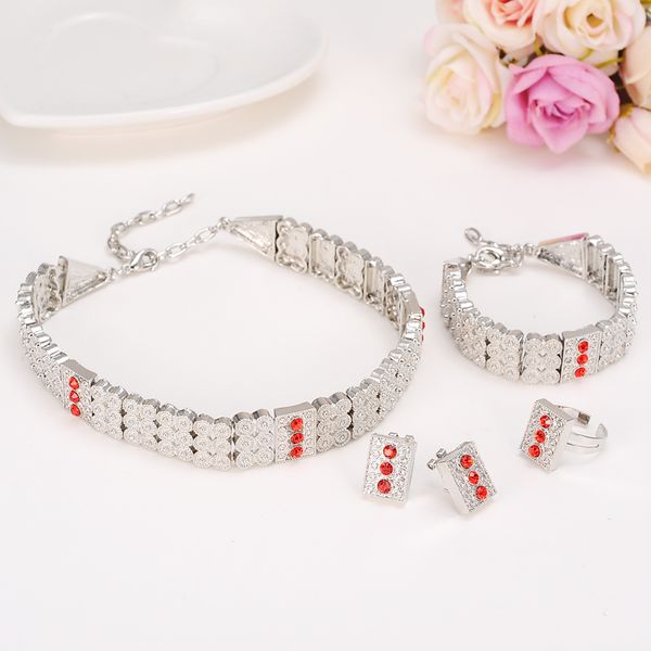 Femmes NOUVEAU Bijoux éthiopiens complets Chaîne de cou blanche Collier Bracelet Boucle d'oreille Bague Ensembles 24 carats Réel Blanc Solide Or GF CZ Vert Bleu Rouge