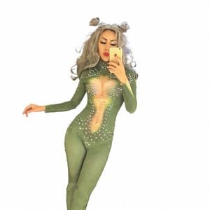 Femmes New Green Sparkly Rhinestes Sexy Combinaison Big Stretch Body Performance Dance Wear Femme Chanteuse Discothèque Body Z1x1 #
