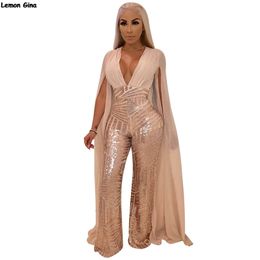 Vrouwen Nieuw hete boor lovertjes Mantel Mantel Lange mouw Open Terug Deep Vneck Bodycon Night Party Jumpsuits Sexy Club Rompers M868 T200107