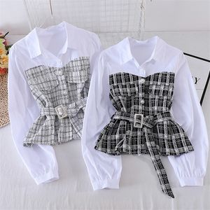 Vrouwen plaid shirt vrouwelijk herfst Koreaanse losse lange mouwen stiksel nep tweedelige blouse turn-down kraag top vrouw 210226