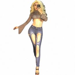 Femmes Nouvelle Combinaison Sexy 3D Jeans Imprimés Cristaux Étincelants Stage Wear Discothèque Party Performance Show Time Bling Costumes J03J #