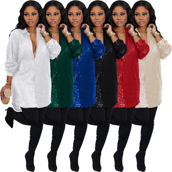 Robe chemise ample à paillettes de couleur unie pour femmes, nouvelle collection printemps à paillettes scintillantes, col ras du cou, haut de hanche, tunique
