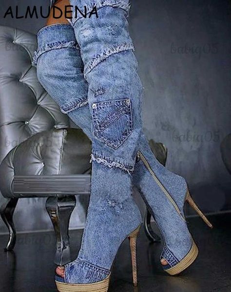 Frauen Neue Stil Holz Sohle Spitze Und Jeans Joint Lange Stiefel Peep Toe Keil Dünne Ferse Casual Mode T231104