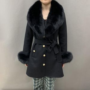 Mujeres nuevas capas de lana de lana real fox pelaje grande chaquetas de piel de cuello dama elegante gabardina qn5254