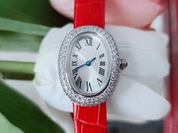 Dames nieuw horloge 26 mm badkuip blauwe stalen wijzer Romeinse nummerkast met diamant Klassiek Bagnole horloge Luxe lederen dameshorlogeband Diamanten horloge