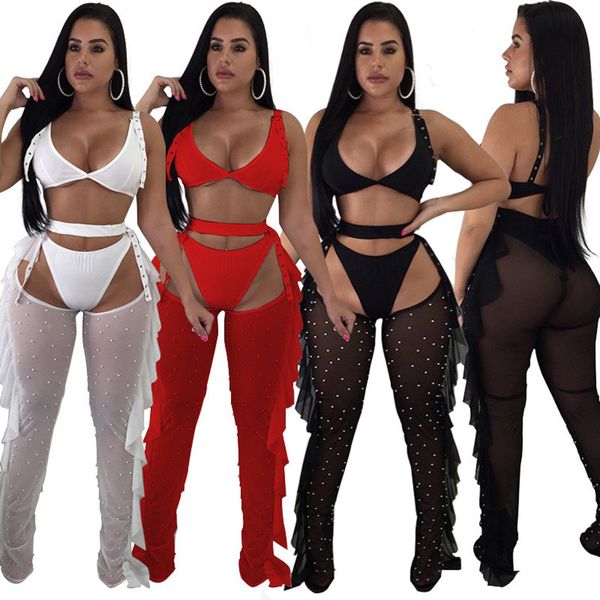 Frauen Nachtclub tragen sexy Bikinis + Mesh-Hosen einfarbige Sommerkleidung heiße Badebekleidung zweiteilig + transparente Leggings 3-teiliges Set DHL SHIP 4546