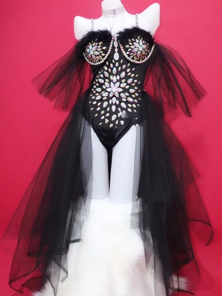 Femme de nuit DJ DS DS Costume Party Sparkly Crystals Bodys Body Black Pink Feathers Jumps Cousie avec fil de queue Sexy Dancer Stage WEA