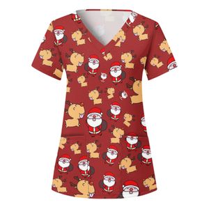 Femmes infirmières uniformes t-shirts joyeux noël imprimé à manches courtes en V couche de travail gommages tops chemisier infirmier de vacances avec poche