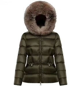 Chaqueta corta de nailon para mujer, bolsillos con cierre de cremallera, cinturón grueso, abrigo cálido, diseñador clásico, capucha de piel para mujer, prendas de vestir largas de invierno