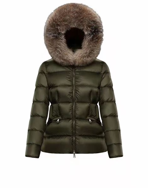 Chaqueta corta de nailon para mujer, bolsillos con cierre de cremallera, cinturón grueso, abrigo cálido, diseñador clásico, capucha de piel para mujer, prendas de vestir de invierno