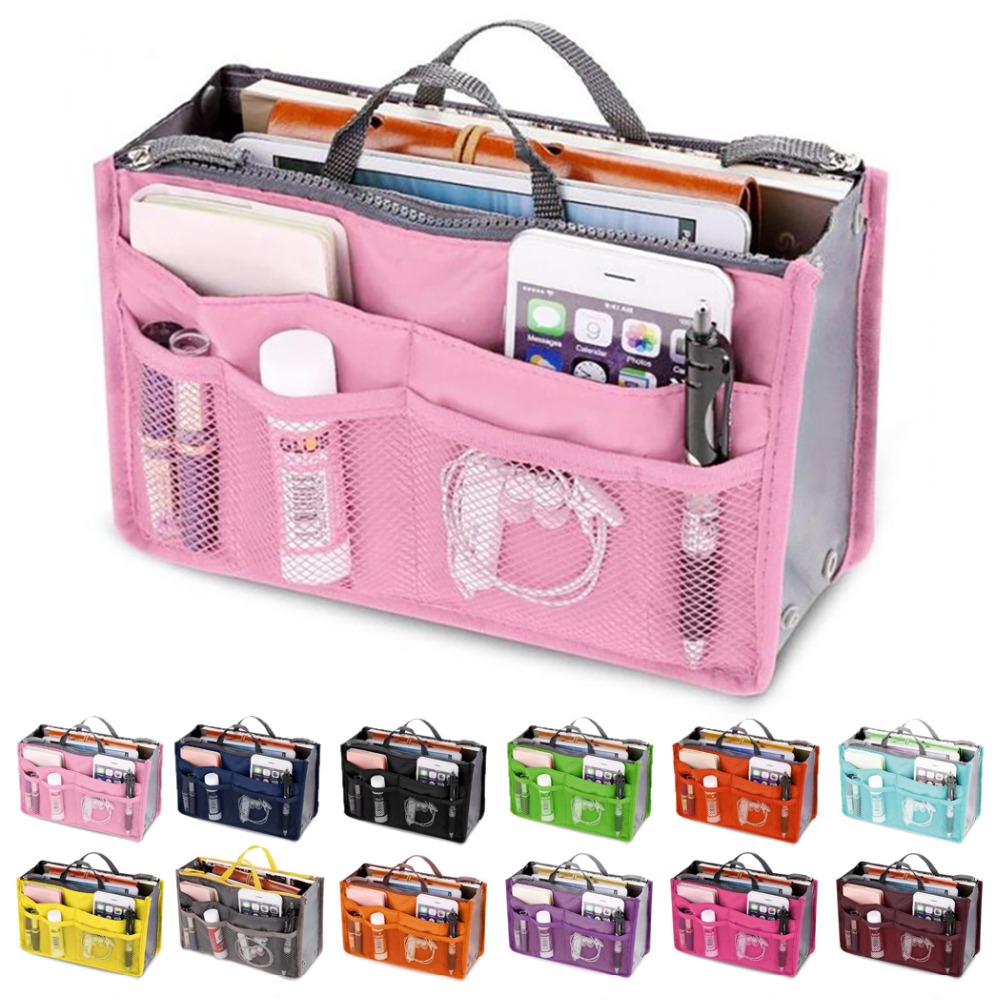 Kvinnor Nylon Travel Insert Organizer Väskor Handväska Candy Color Universal Tidy Makeup Cosmetic Bag Tote Double dragkedja diverse påse