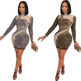 Casual Jurken Dames O Neck Diamonds Jurk Lange Mouwen Bodycon Mini Night Club Sexy Mesh Patchwork Party Elegant Vestidos