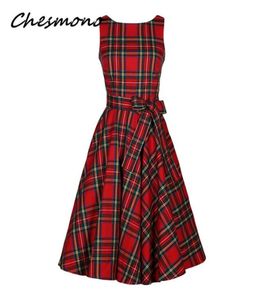 Femmes O Nerk Red Tartan vérifie la robe à plaid Retro Vintage 50S 60S Pin Up Rockabilly Swing Robes avec Sash Hepburn Robe Vestidos Y5809096