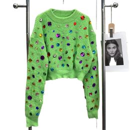 Femmes O-Neck Short High Taist Desinger Sweater Gem Diamonds O-Leck Courte-toile patchée courte