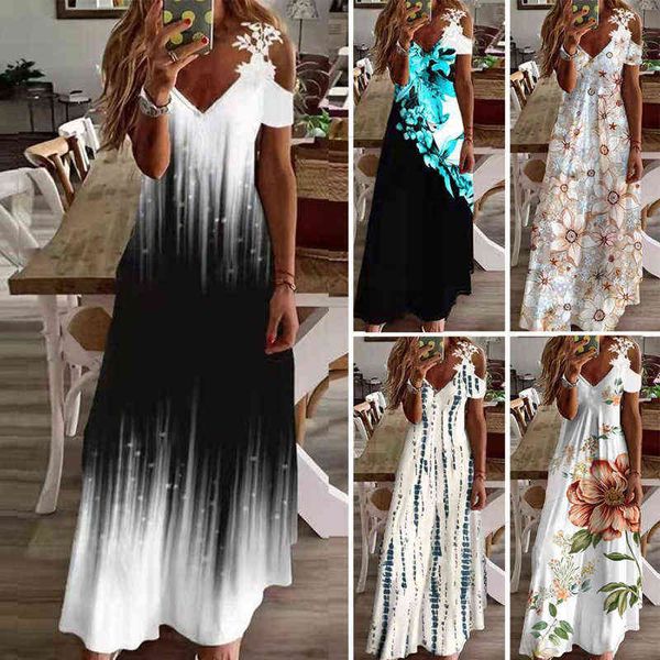 Vestidos sin hombros para mujer Verano Sexy Cuello en V Manga corta A-Line Maxi Dress Ladies Beach Party Vestido largo Casual Robe H220713