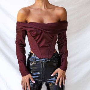 Vrouwen uit schouder satijn corset tops lange mouw slash nek blouses wijn rode elegante shirts sexy backless top bijgesneden 210517