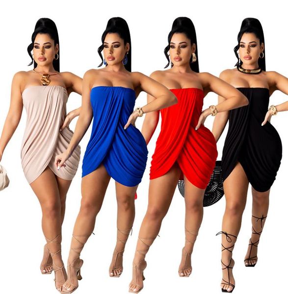 Mujeres fuera del hombro Vestido sin tirantes Fiesta Color sólido Split Tulip Hem Bodycon Ruched Wrap T Shirt Mini vestidos cortos Rojo Rosa Negro Azul S-4XL