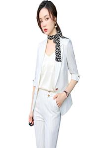 Dames kantoor dames pant suit formeel 2 -delige set voor zomer mode zwart witte abrikoos plus maat gestreepte blazer en broek -vrouwen6763663