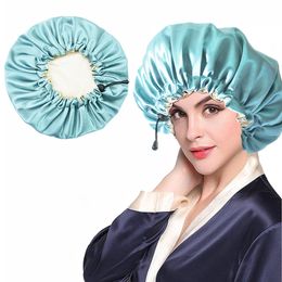 Bonnets de douche huilés pour femmes, bonnet de nuit double couche, mise à niveau réglable en soie douce, bain à double usage, chimiothérapie, couleur pure, exquis et confortable zxf 123