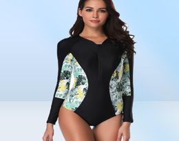 Mujeres One Piece Long Spashguard Wetsuit Bohemian Tropical Floral Patchwork Swimsuit Zip Front Surfing Beachwear2800315