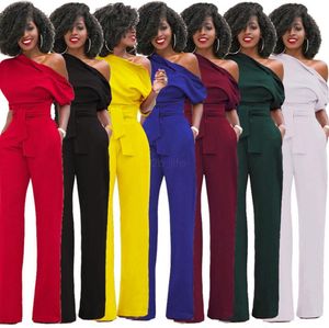 Vrouwen een schouder jumpsuits romper algemene sexy bodycon tuniek jumpsuit partij elegante wijde pant broek lichaam solide playsuit ljja2579