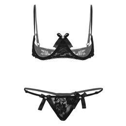 Soutien-gorge à coupe ouverte pour femmes, haut sexy, seins exposés, sans bonnet, soutien-gorge à armatures avec string, transparent, dentelle transparente, ensemble de lingerie exotique sexy 231226