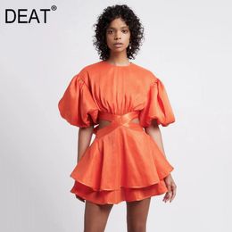 Vrouwen oranje sexy taille taille boven knie jurk O-hals lange mouw losse fit mode tij lente zomer 3D1711 210421