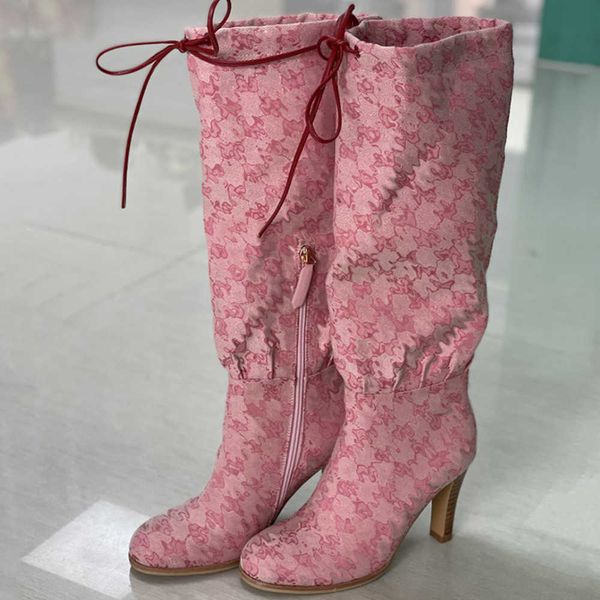 Femmes originales multicolores bottes à hauteur de genou botte de verrouillage talon haut de qualité supérieure en cuir véritable beige lacets imprimés chaussures avec boîte taille 35-43 NO335