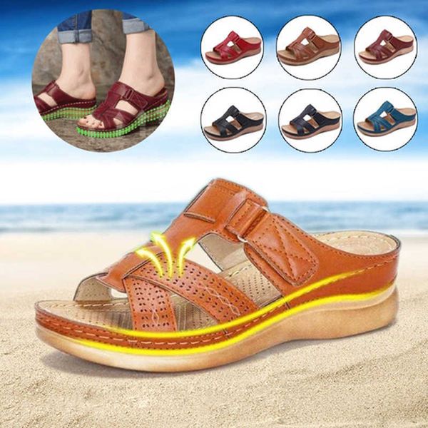 Mujeres ortopédicas tacones bajos sandalias verano punta abierta resbalón en cuñas sandalias cómodas retro grueso fondo corrector playa zapatillas nuevo 230807