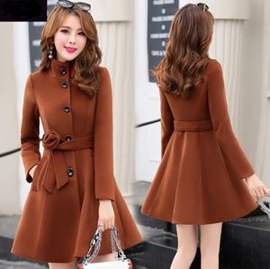Ropa de abrigo para mujer otoño invierno 2020 ropa nueva cinturón de moda de Corea vestido de lana cálido mezclas abrigo de lana elegante delgado para mujer LJ201128
