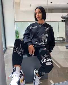 Vrouwen Outfit Brief Print Losse 2 Tweedelige Set Streetwear Trainingspak Sweatshirt + Joggers Broek Bijpassende Ensemble Femme 2 stuks