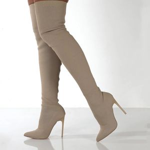 Vrouwen ouder dan 167 herfst de knie laarzen stiletto hoge hiel glip op elastische gebreide buisschoenen beige zwarte retro sexy bota feminina 231124