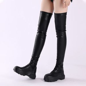 Bottes au dessus du genou pour femmes et filles, grosses bottes en cuir véritable élastique, plates, décontractées, chaussures de loisirs à la mode, longues, nouvelle collection 2021