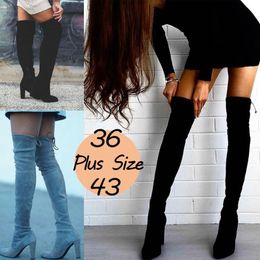 Femmes sur le genou bottes Sexy élastique haut talon hiver cuisse haute bottes minces mode bout pointu Stretch dentelle longues bottes dames