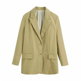 Vrouwen Oversize Rustieke Blazer Oversize Linnen Mix met een reverskraag Lange mouwen Flapzakken Terug Vent Button-Up 210520