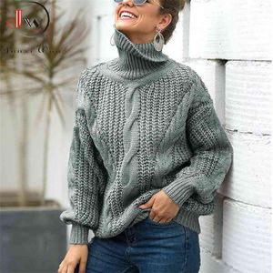Femmes pull surdimensionné en vrac automne hiver col roulé élégant tricoté chaud pulls mode solide hauts tricots pull 210812