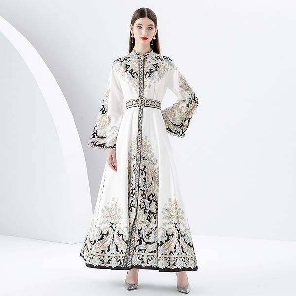 Femmes Paisley Floral Maxi Robe avec ceinture Designer Manches évasées Vintage Coupe élégante Robes de soirée de vacances Robe 2023 Automne Hiver Col montant Slim Runway Frocks