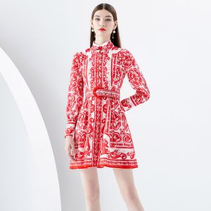 Mini vestido rojo floral de Paisley para mujer con cinturón Primavera Otoño Diseñador Cuello alto Ajuste elegante Vestidos de fiesta vintage ajustados 2023 Vestidos de pasarela de vacaciones de manga larga