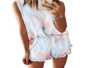 Femmes Pyjama 2pieces Set Clothing Summer Leopard Tie Dye Printing O Coule Tee Shorts Pantalons Sleepwearwearwear Pjs Suit5658176