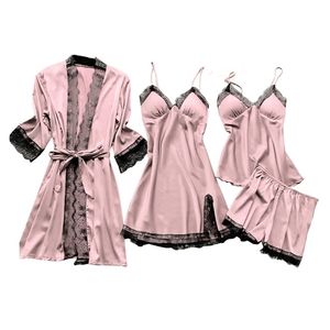 Women Pajama Sets robe Polyester Sleepwear 4 Pieces Nightwear Pijama Feminino Spaghetti Strap Pyjamas Lace 210831