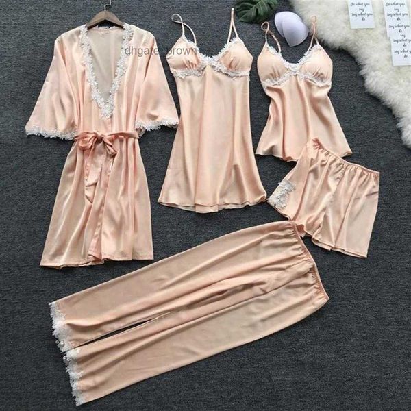 Femmes Pyjamas 5pcs Satin Sleepwear Set Pijama Silk Home Wear Embroidery Sleep Lounge Pyjama avec poitrine Pajama Femme 20201219D