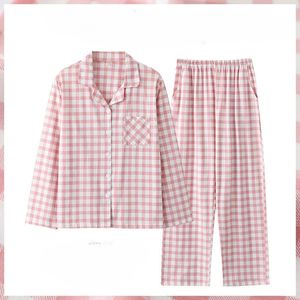 Vrouwen Pyjama Losse Grote Maat Katoenen Nachtkleding Tweedelige Set Mode Casual Homewear Eenvoudige Plaid Lange Mouw 240314