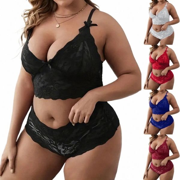 Pijamas de mujer Ropa de dormir Conjunto de lencería a juego de encaje transparente Top y pantalones cortos de encaje con cuello en V negro Conjunto de pantalones de cintura alta de talla grande T2L3 #