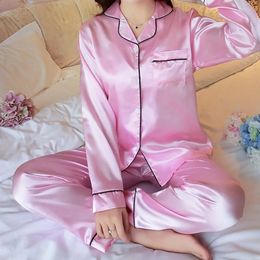 Mujeres Pajamas Set Sleepwear Spring Slee Long Mujer Pijamas Nuisette Sexy Lingerie Nightwear Silk Satin Pajamas Pjs Suit 2pcs 240219