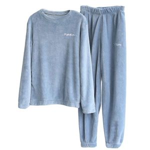 Dames Pyjama Set Winter Warm Flanel Pyjama Homewear Dikke Vrouwelijke Nachtkleding Pluche Pyjama Suit Sweatshirt Hoodies Effen Kleur 210928