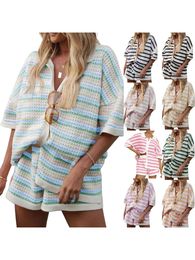 Vrouwen pyjama's korte set 2 stuks loungewear pakken streep contrast kleur knop gehaakte brei -tops en shorts lounge sets 240429